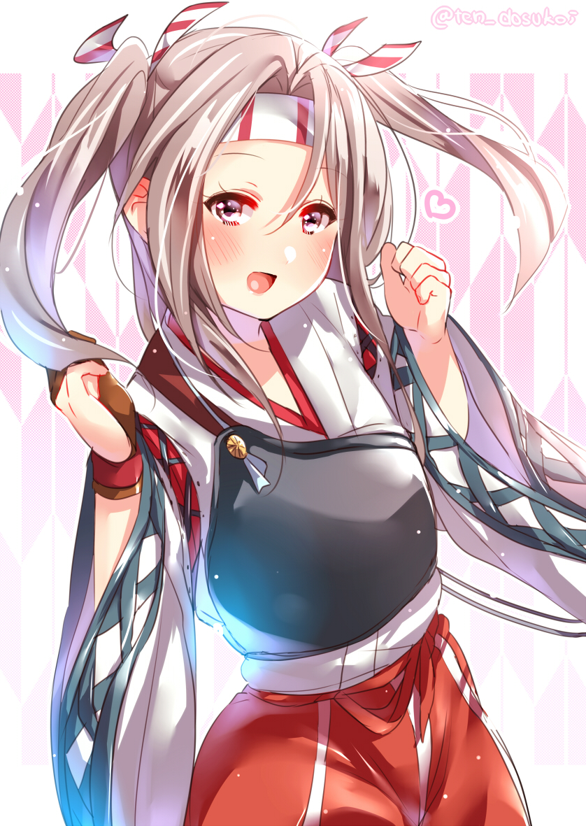 1girl :d blush commentary_request eyebrows_visible_through_hair flat_chest hair_between_eyes hands_up head_tilt heart juurouta kantai_collection light_brown_eyes long_hair long_sleeves looking_at_viewer open_mouth pattern_request pink_background silver_hair smile solo twitter_username upper_body wide_sleeves zuihou_(kantai_collection)