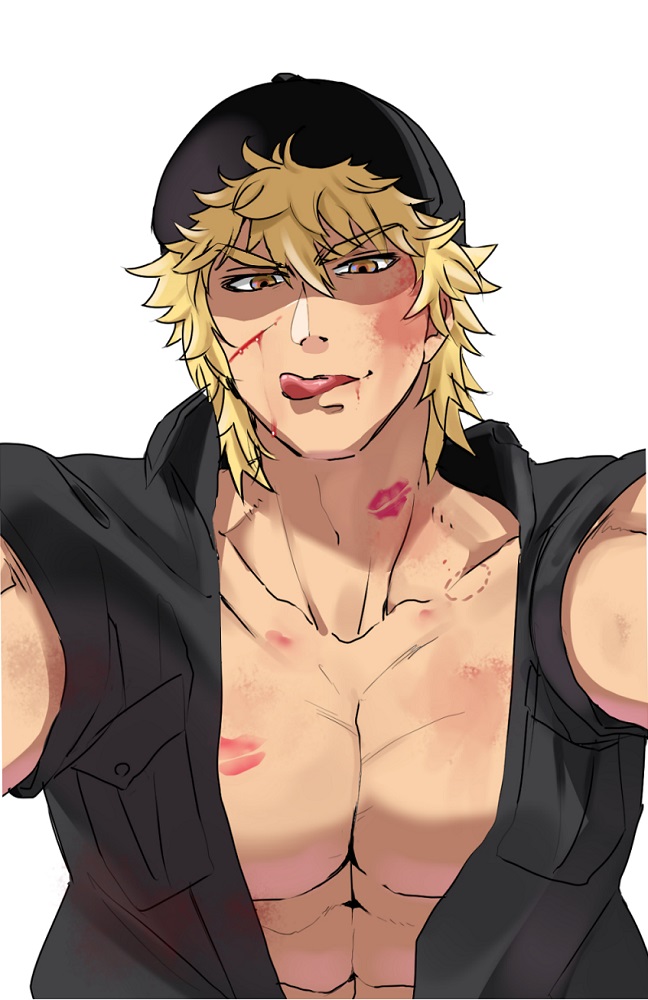 1boy baseball_cap bite_mark blonde_hair blood doesfan female_pov hat hataraku_saibou killer_t_(hataraku_saibou) licking_lips lipstick_mark male_focus military military_uniform muscle open_clothes open_shirt pectorals pov simple_background solo tongue tongue_out uniform white_background yellow_eyes