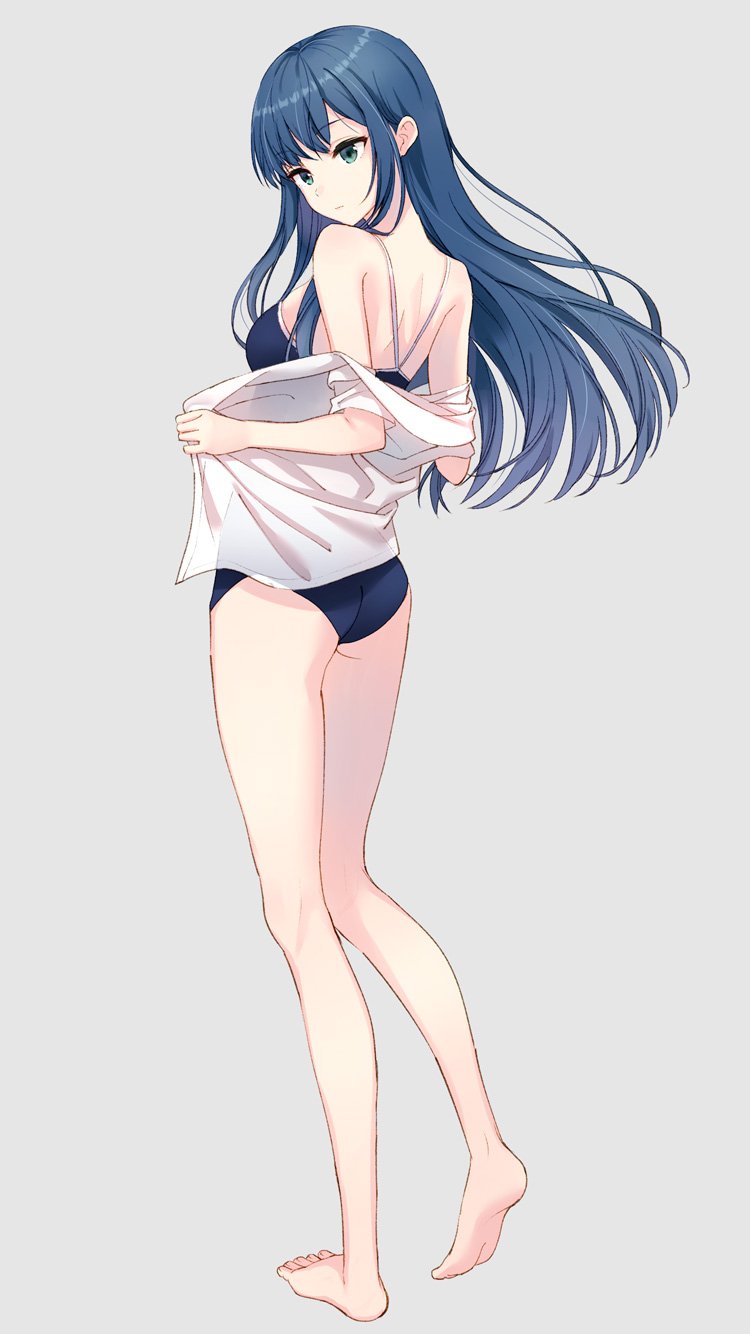 1girl aqua_eyes ass barefoot blue_hair blue_swimsuit dress_shirt eyebrows_visible_through_hair floating_hair full_body grey_background highres hyuuga_azuri long_hair open_clothes open_shirt original school_swimsuit see-through shiny shiny_hair shirt simple_background soles solo standing standing_on_one_leg swimsuit undressing very_long_hair white_shirt