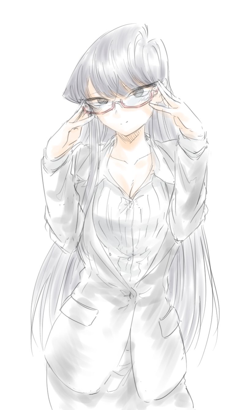 1girl black_eyes black_hair glasses highres komi-san_wa_komyushou_desu komi_shouko long_hair looking_at_viewer mitsugu smile teacher white_background