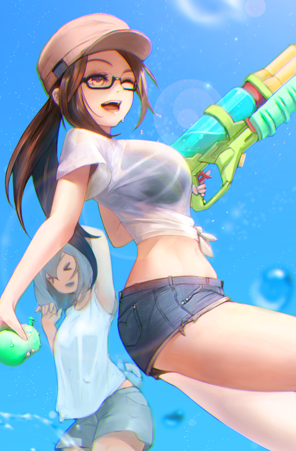 &gt;_&lt; 2girls :d air_bubble bare_arms bare_legs black-framed_eyewear blue_sky breasts brown_eyes brown_hair brown_hat bubble chromatic_aberration closed_eyes commentary_request cutoffs day denim denim_shorts glasses grey_hair hat highres hiragana_(gomasyabu) holding large_breasts lens_flare long_hair midriff multiple_girls one_eye_closed open_mouth original peaked_cap ponytail see-through semi-rimless_eyewear shirt short_shorts short_sleeves shorts sky smile splashing standing super_soaker tank_top teeth tied_shirt trigger_discipline under-rim_eyewear water_balloon wet wet_clothes wet_shirt white_shirt white_tank_top xd