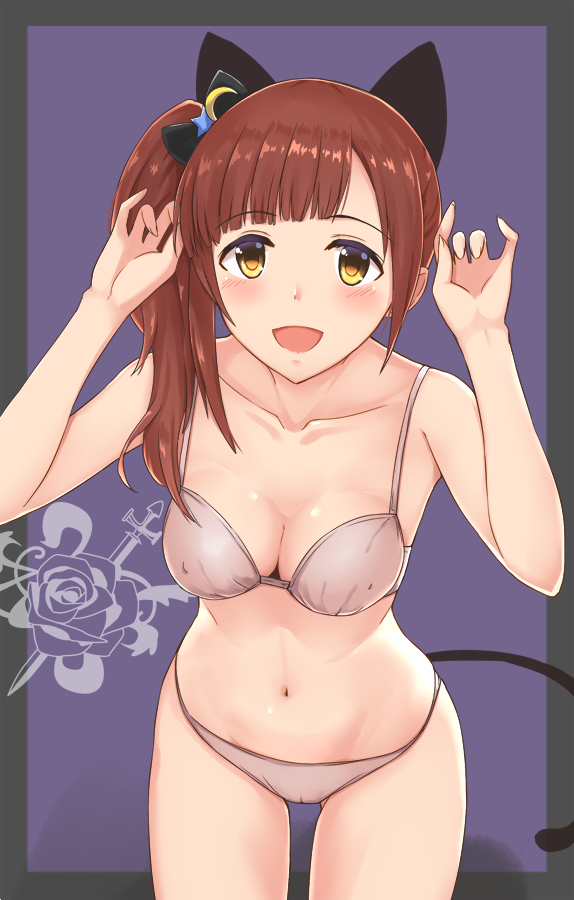 1girl :d animal_ears bangs black_border black_bow blue_background border bow bra breasts brown_bra brown_eyes brown_hair brown_panties cat_ears cat_tail claw_pose cleavage collarbone cowboy_shot eyebrows_visible_through_hair fake_animal_ears fake_tail flower gluteal_fold hair_bow idolmaster idolmaster_cinderella_girls igarashi_kyouko kozeni_isari leaning_forward long_hair looking_at_viewer medium_breasts navel one_side_up open_mouth panties rose side_ponytail skindentation smile solo standing sword tail underwear weapon