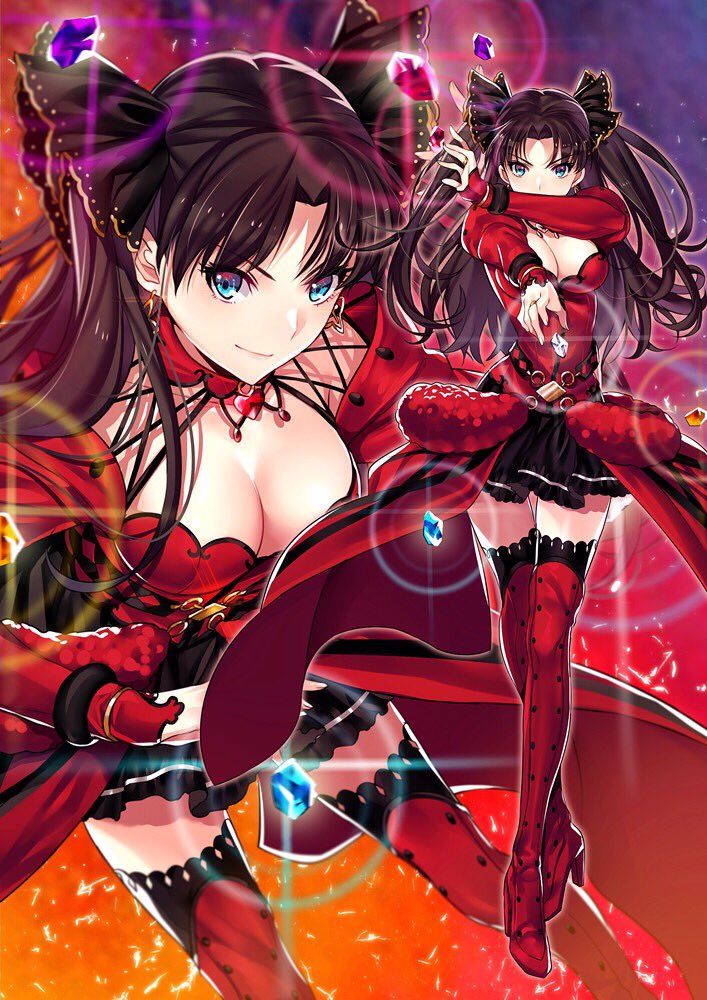 1girl bangs black_hair black_skirt blue_eyes blush boots bracelet breasts cleavage closed_mouth dress earrings fate/grand_order fate/stay_night fate_(series) formalcraft gem hair_ribbon high_heel_boots high_heels jewelry long_hair long_sleeves looking_at_viewer medium_breasts multiple_views parted_bangs red_dress red_footwear ribbon skirt smile solo sparkle thigh-highs thigh_boots thighs tohsaka_rin two_side_up yaoshi_jun