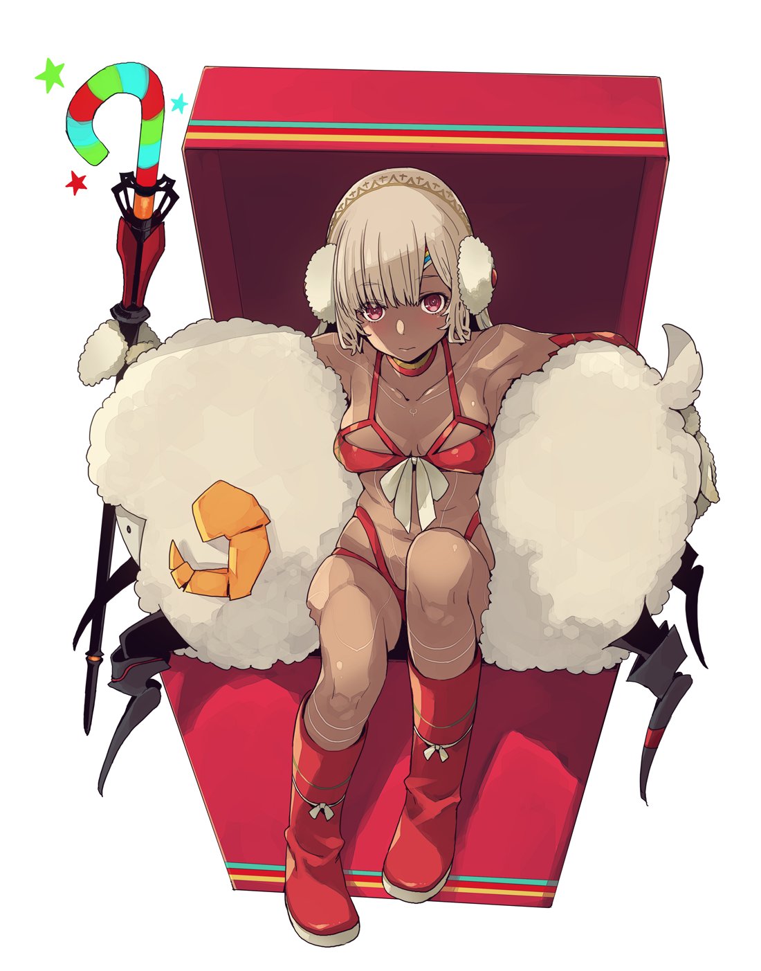 1girl altera_(fate) altera_the_santa blush bodypaint boots box breasts cane collarbone dark_skin earmuffs erect_nipples eyebrows_visible_through_hair fate/grand_order fate_(series) gift gift_box highres imigimuru looking_at_viewer mittens navel red_eyes revealing_clothes sheep skindentation small_breasts solo veil white_hair