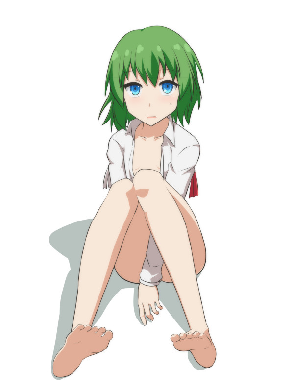 1girl bare_legs barefoot between_legs blue_eyes bottomless cato_(monocatienus) collarbone commentary convenient_arm convenient_censoring feet flat_chest full_body green_hair hand_between_legs knees_together_feet_apart long_sleeves looking_at_viewer medium_hair naked_shirt no_bra open_clothes open_shirt parted_lips shiki_eiki shirt simple_background sitting soles solo touhou white_background white_shirt