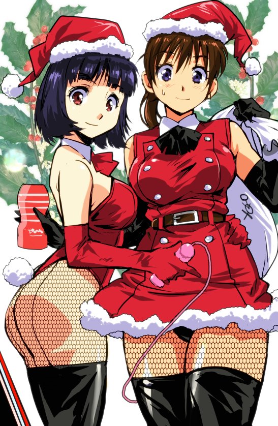 2girls arm_up ass bangs belt black_gloves black_legwear black_neckwear black_panties blue_hair brown_eyes brown_hair bunny_tail christmas_tree closed_mouth commentary_request cravat detached_collar double-breasted dress eyebrows_visible_through_hair fishnet_pantyhose fishnets gloves hat high_ponytail holding leotard looking_at_viewer multiple_girls original panties pantyhose ponytail red_dress red_leotard red_neckwear sack santa_costume santa_hat short_hair smile standing tail thigh-highs underwear violet_eyes weapon yuya