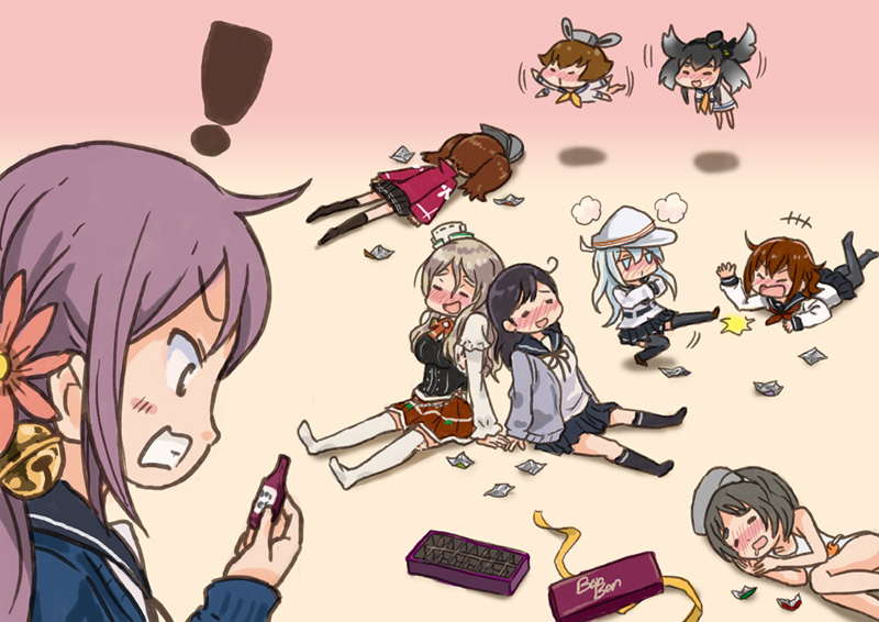 ! +++ 6+girls ahoge akebono_(kantai_collection) alcohol bell black_hair blonde_hair blue_eyes blush brown_hair chocolate clenched_teeth comic cossack_dance crossed_arms dancing diving_mask_on_head dress drooling drunk face_down flapping flat_cap flower flying full-face_blush hair_bell hair_flaps hair_flower hair_ornament hat hat_removed headdress headgear headwear_removed hibiki_(kantai_collection) ikazuchi_(kantai_collection) japanese_clothes jingle_bell kantai_collection kariginu laughing leaning_on_person long_hair long_sleeves lying maru-yu_(kantai_collection) mini_hat multiple_girls neckerchief no_shoes nose_blush on_side on_stomach open_mouth otoufu pantyhose pleated_skirt pola_(kantai_collection) purple_hair ryuujou_(kantai_collection) sailor_dress school_swimsuit school_uniform serafuku shadow shikigami short_hair short_sleeves side_ponytail sidelocks silver_hair skirt slam sleeping smile surprised sweater swimsuit teeth thigh-highs tokitsukaze_(kantai_collection) twintails ushio_(kantai_collection) verniy_(kantai_collection) violet_eyes visor_cap white_swimsuit wrapper yukikaze_(kantai_collection)