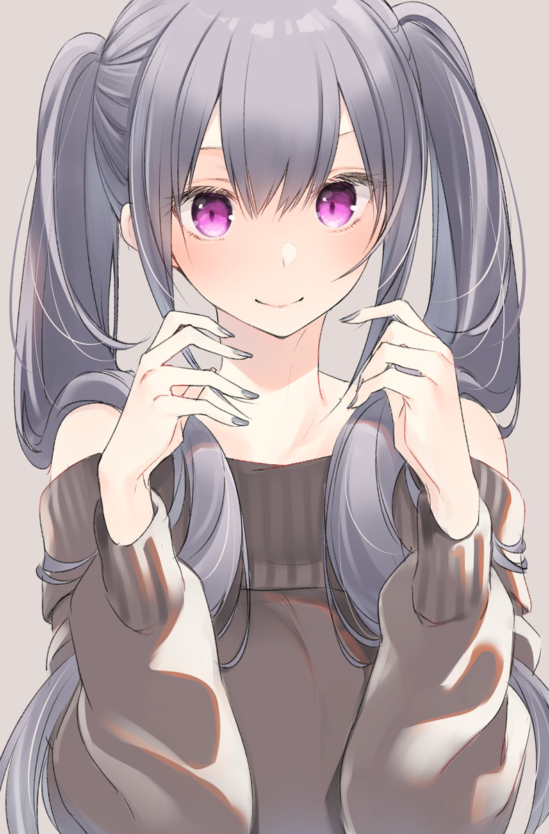 1girl bangs bare_shoulders blush closed_mouth grey_background grey_hair hair_between_eyes hands_up highres long_hair nail_polish nekoume off-shoulder_sweater original sidelocks simple_background smile solo sweater twintails upper_body very_long_hair violet_eyes