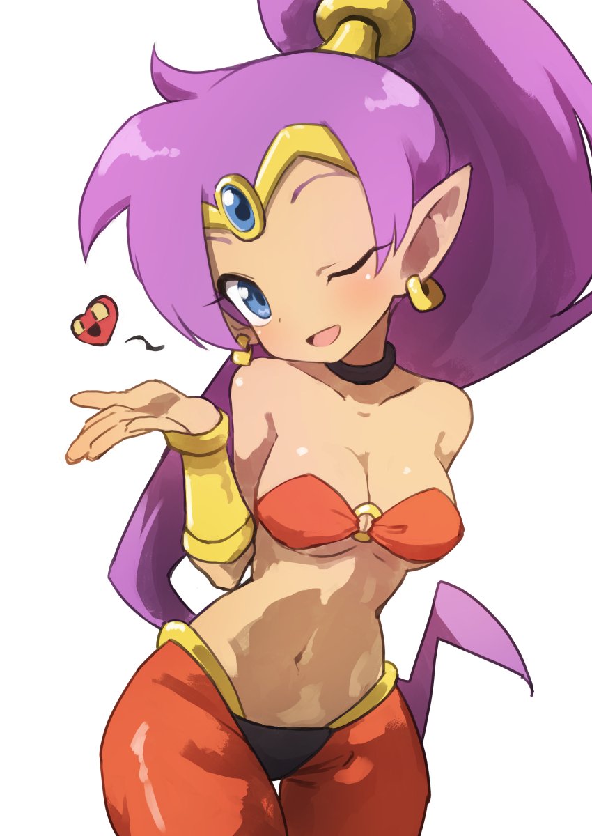 1girl ;d bare_shoulders blue_eyes blush breasts choker cleavage collarbone cowboy_shot dark_skin earrings forehead_jewel gazacy_(dai) harem_pants heart highres hoop_earrings jewelry navel o-ring one_eye_closed open_mouth pants pointy_ears ponytail purple_hair shantae_(character) shantae_(series) simple_background small_breasts smile solo under_boob vambraces white_background