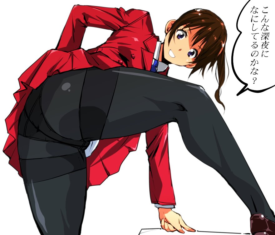 1girl arm_support bangs black_legwear blue_neckwear brown_hair commentary_request crotch_seam double-breasted eyebrows_visible_through_hair high_ponytail jacket kneepits leg_up long_sleeves looking_at_viewer original panties panties_under_pantyhose pantyhose pleated_skirt ponytail presenting red_jacket red_skirt shirt skirt smile speech_bubble standing thighband_pantyhose translation_request underwear uniform vest violet_eyes white_background white_shirt yuya