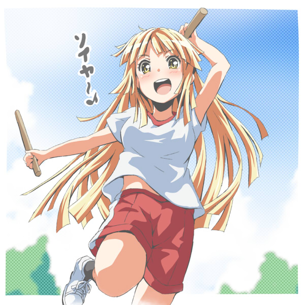 1girl :d bang_dream! baton belly_peek black_legwear blonde_hair blush gym_shorts gym_uniform holding long_hair open_mouth outdoors red_shorts riai_(onsen) running shirt shoes short_sleeves shorts smile socks solo translated tsurumaki_kokoro white_footwear white_shirt yellow_eyes