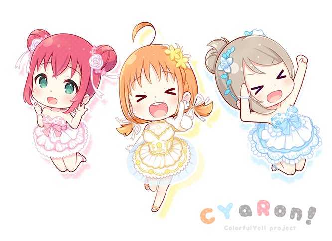 &gt;_&lt; 3girls :d \||/ alternate_hairstyle bangs blue_dress blue_flower blue_footwear blue_neckwear chibi clenched_hand commentary cyaron_(love_live!) double_bun dress drop_shadow flower full_body grey_hair group_name hair_bun hair_flower hair_ornament hair_ribbon index_finger_raised jumping kurosawa_ruby love_live! love_live!_sunshine!! multiple_girls neck_ribbon open_mouth orange_hair pink_dress pink_flower pink_footwear pink_hair raised_fist redhead ribbon sakuramochi_n salute short_hair sidelocks smile standing standing_on_one_leg takami_chika twintails watanabe_you white_background xd yellow_dress yellow_flower yellow_footwear