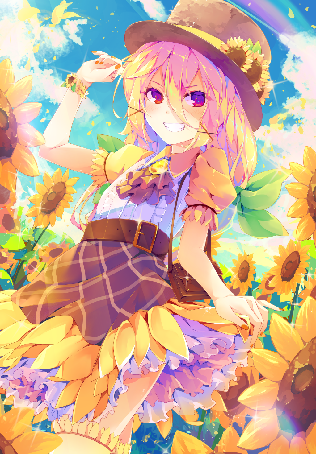 1girl arm_up bag belt bracelet day dennryuurai flower hair_ribbon hat highres jewelry lifted_by_self lolita_fashion long_hair looking_at_viewer nail_polish original puffy_short_sleeves puffy_sleeves ribbon short_sleeves skirt skirt_lift smile solo standing sunflower