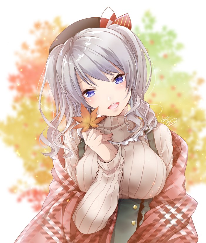 1girl :d akatsuki_hijiri autumn_leaves bangs black_hat blue breasts eyebrows_visible_through_hair eyes grey_sweater hat head_tilt kantai_collection kashima_(kantai_collection) large_breasts leaf long_hair looking_at_viewer maple_leaf open_mouth ribbed_sweater sash signature silver_hair smile solo suspenders sweater