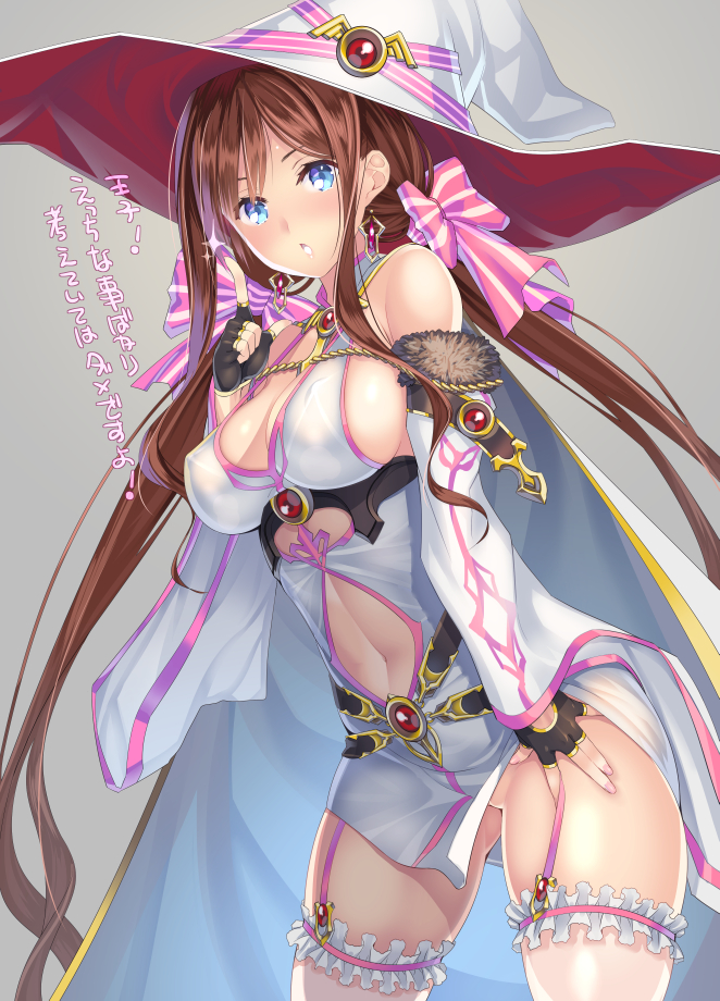 1girl :o ass_visible_through_thighs blue_eyes blush bow breasts brown_hair character_request cleavage coffee_cat cowboy_shot detached_sleeves earrings fingerless_gloves fur_trim garter_straps gloves grey_background hair_bow hat jewelry large_breasts leaning_forward leg_garter legs_apart long_hair looking_at_viewer navel navel_cutout sennen_sensou_aigis solo witch_hat