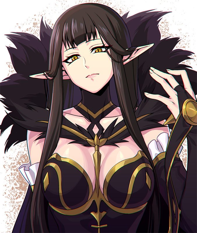 1girl breasts brown_hair detached_sleeves expressionless fate/apocrypha fate_(series) fur_collar hand_up large_breasts long_hair pointy_ears semiramis_(fate) yellow_eyes zonfgs