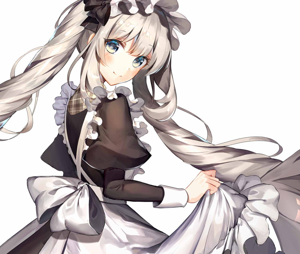 1girl apron apron_lift black_bow black_shirt blue_eyes bow fate/grand_order fate_(series) floating_hair hair_bow kouyafu long_hair long_sleeves looking_at_viewer looking_back maid maid_headdress marie_antoinette_(fate/grand_order) shirt silver_hair simple_background smile solo standing twintails very_long_hair white_apron white_background white_bow