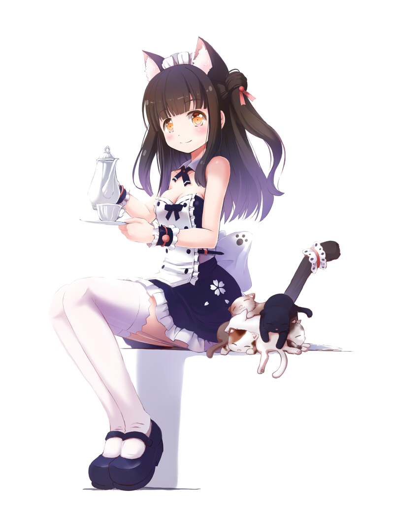 1girl animal animal_ear_fluff animal_ears apron azur_lane bangs bare_arms bare_shoulders black_cat black_dress black_footwear black_hair black_neckwear blunt_bangs blush bow bowtie breasts brown_eyes cat cat_ears cat_tail cleavage closed_mouth collarbone commentary_request cup detached_collar dress eyebrows_visible_through_hair floral_print frilled_cuffs frilled_dress frills garter_straps hair_ribbon holding legs_together long_hair looking_at_viewer maid maid_apron mary_janes medium_breasts mochizuki_saku neck_ribbon paw_print red_ribbon ribbon saucer shadow shoes sidelocks simple_background sitting smile solo strapless strapless_dress tail teacup teapot thigh-highs two_side_up white_apron white_background white_bow white_legwear wrist_cuffs yuugure_(azur_lane)