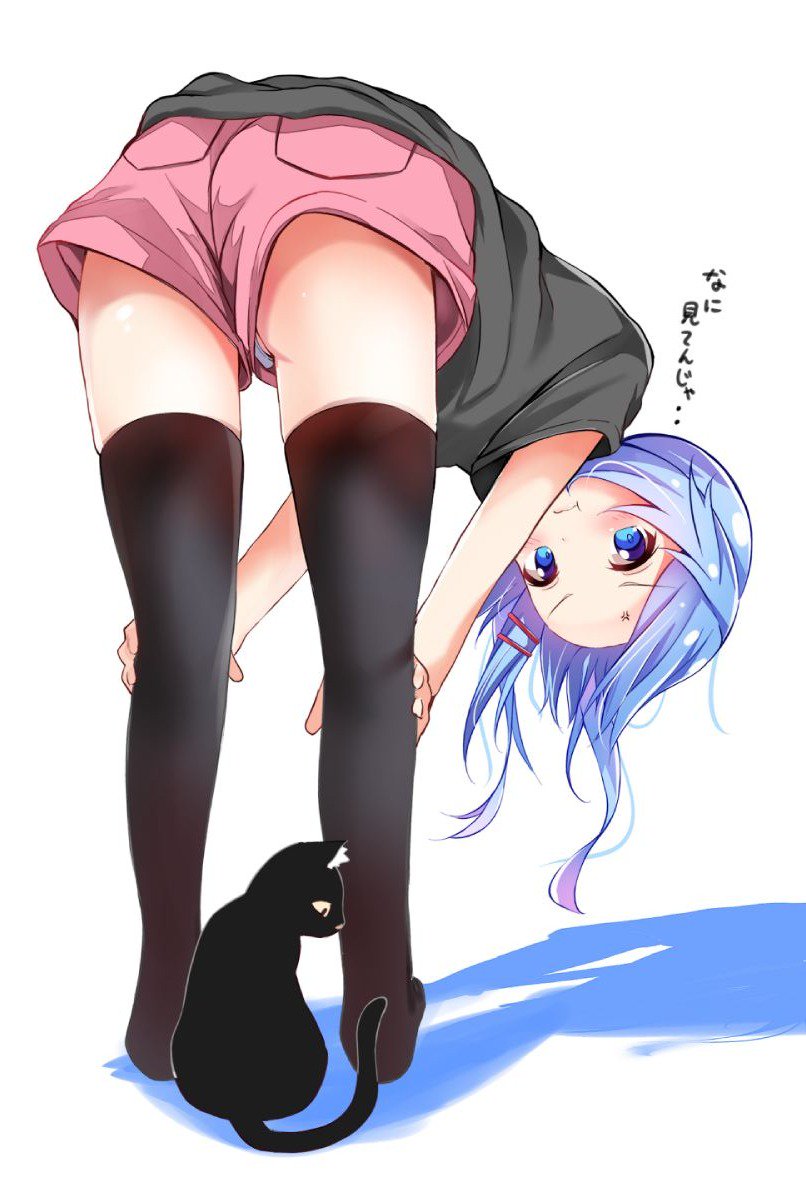 1girl :p bent_over black_legwear black_shirt blue_eyes blue_hair cat from_behind from_below full_body hands_on_legs long_hair nagomi_yayado original panties pantyshot pantyshot_(standing) pink_shorts shadow shiny shiny_hair shirt short_shorts short_sleeves shorts solo standing sweatdrop thigh-highs tongue tongue_out underwear