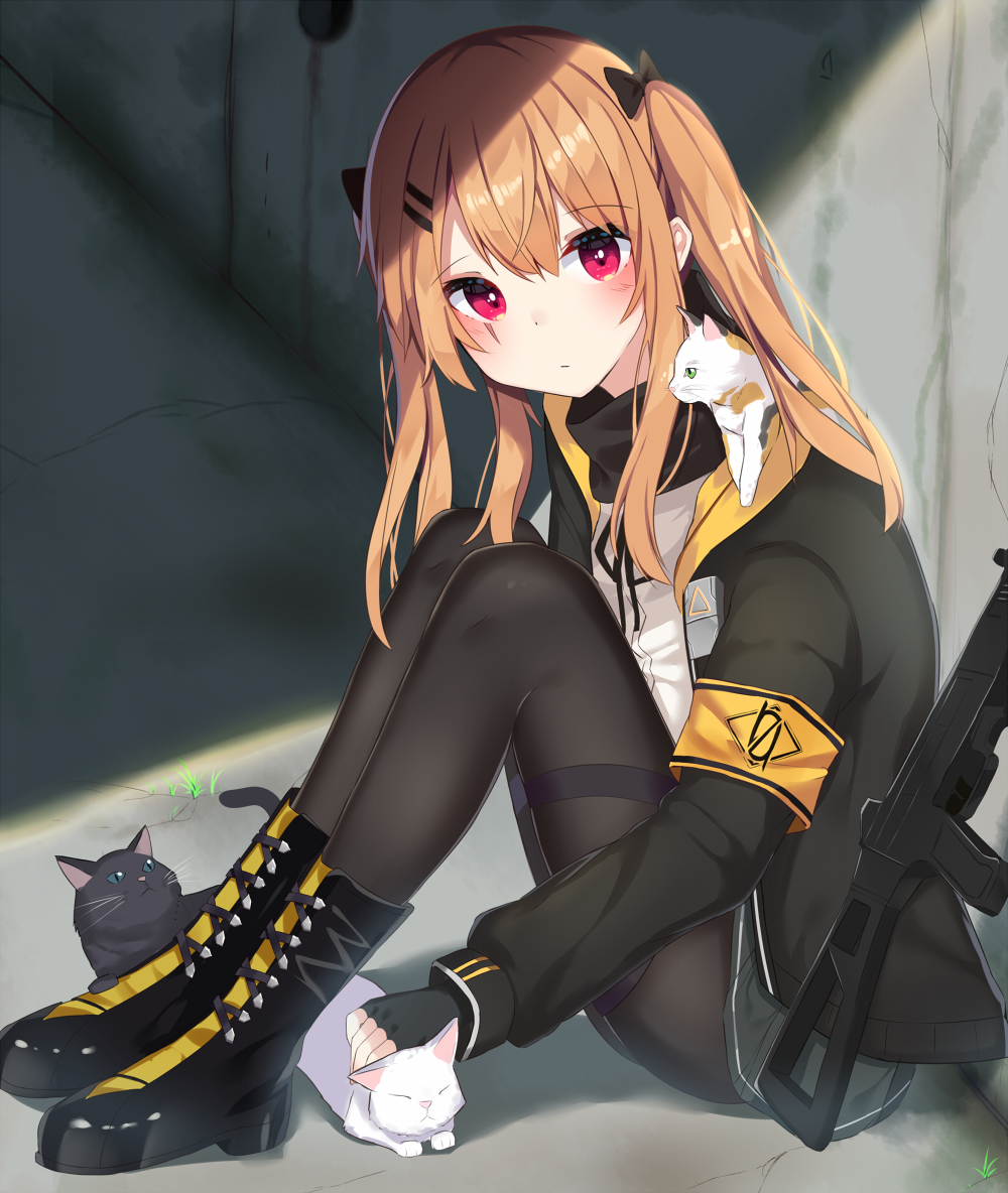 1girl animal armband bangs black_bow black_cat black_footwear black_gloves black_jacket black_legwear black_ribbon blush boots bow cat closed_mouth commentary_request day eyebrows_visible_through_hair fingerless_gloves girls_frontline gloves grey_skirt gun h&amp;k_ump9 hair_between_eyes hair_bow head_tilt jacket light_brown_hair long_hair long_sleeves looking_at_viewer mizuki_ryuu neck_ribbon object_namesake on_shoulder open_clothes open_jacket outdoors pantyhose pleated_skirt red_eyes ribbon scar scar_across_eye sitting skirt solo twintails ump9_(girls_frontline) very_long_hair weapon white_cat