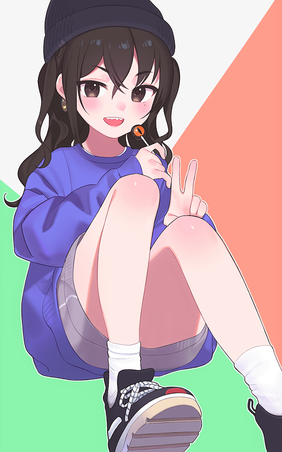 1girl beanie black_hair blue_sweater brown_eyes candy commentary earrings food half_updo hat idolmaster idolmaster_cinderella_girls inuyama_nanami jewelry lips lollipop long_hair long_sleeves looking_at_viewer mole mole_under_eye multicolored multicolored_background sharp_teeth shoes simple_background sitting sleeves_past_wrists socks solo sunazuka_akira sweater teeth two_side_up v wavy_hair white_legwear