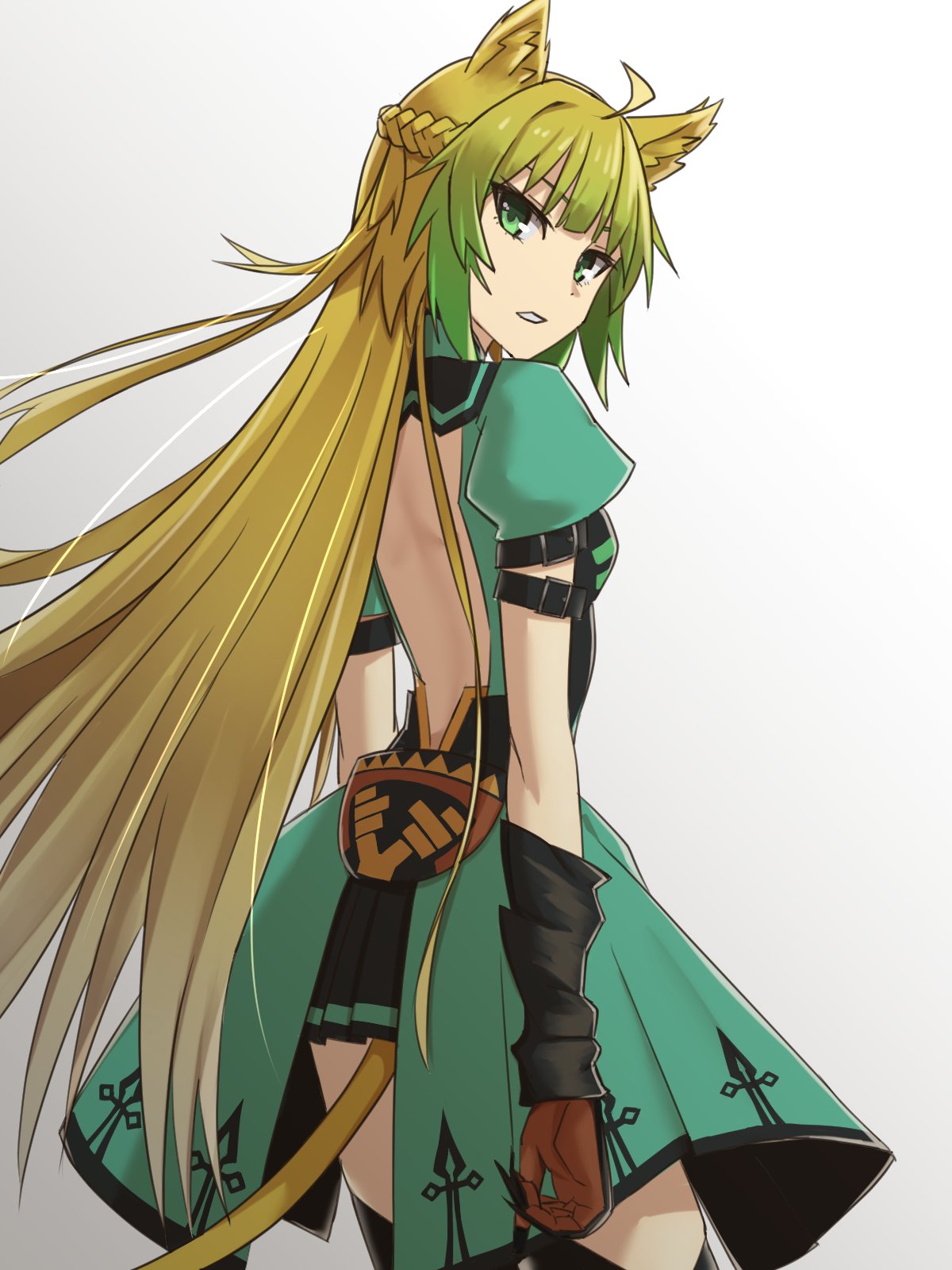 1girl ahoge animal_ears atalanta_(fate) backless_dress backless_outfit blonde_hair dress elfenlied22 fate/apocrypha fate_(series) from_behind gloves gradient_hair green_eyes green_hair highres long_hair multicolored_hair tail