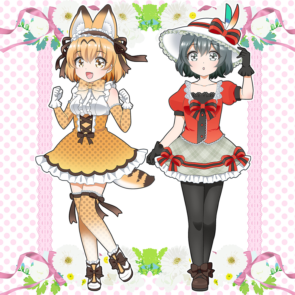 2girls :d :o adapted_costume animal_ears bare_shoulders black_gloves black_hair black_legwear blonde_hair bow bowtie clenched_hands commentary elbow_gloves eyebrows_visible_through_hair fang flower frilled_skirt frills full_body gloves green_eyes hand_on_headwear hat hat_bow hat_feather headdress high-waist_skirt kaban_(kemono_friends) kemono_friends looking_at_viewer multiple_girls open_mouth pantyhose plaid plaid_skirt polka_dot polka_dot_gloves polka_dot_legwear polka_dot_skirt puffy_short_sleeves puffy_sleeves red_shirt ribbon serval_(kemono_friends) serval_ears serval_tail shirt shoe_bow shoes short_hair short_sleeves skirt sleeveless sleeveless_shirt smile tail thigh-highs unmoving_pattern yellow_eyes yellow_gloves yellow_legwear yellow_skirt yukiko_haotome
