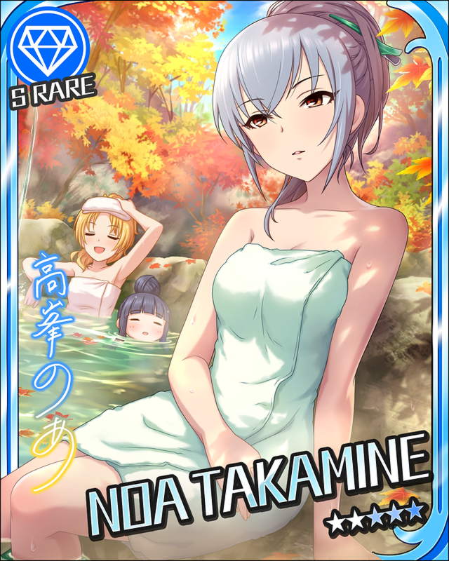 autumn blush brown_eyes character_name grey_hair hot_spring idolmaster idolmaster_cinderella_girls long_hair stars takamine_noa towel