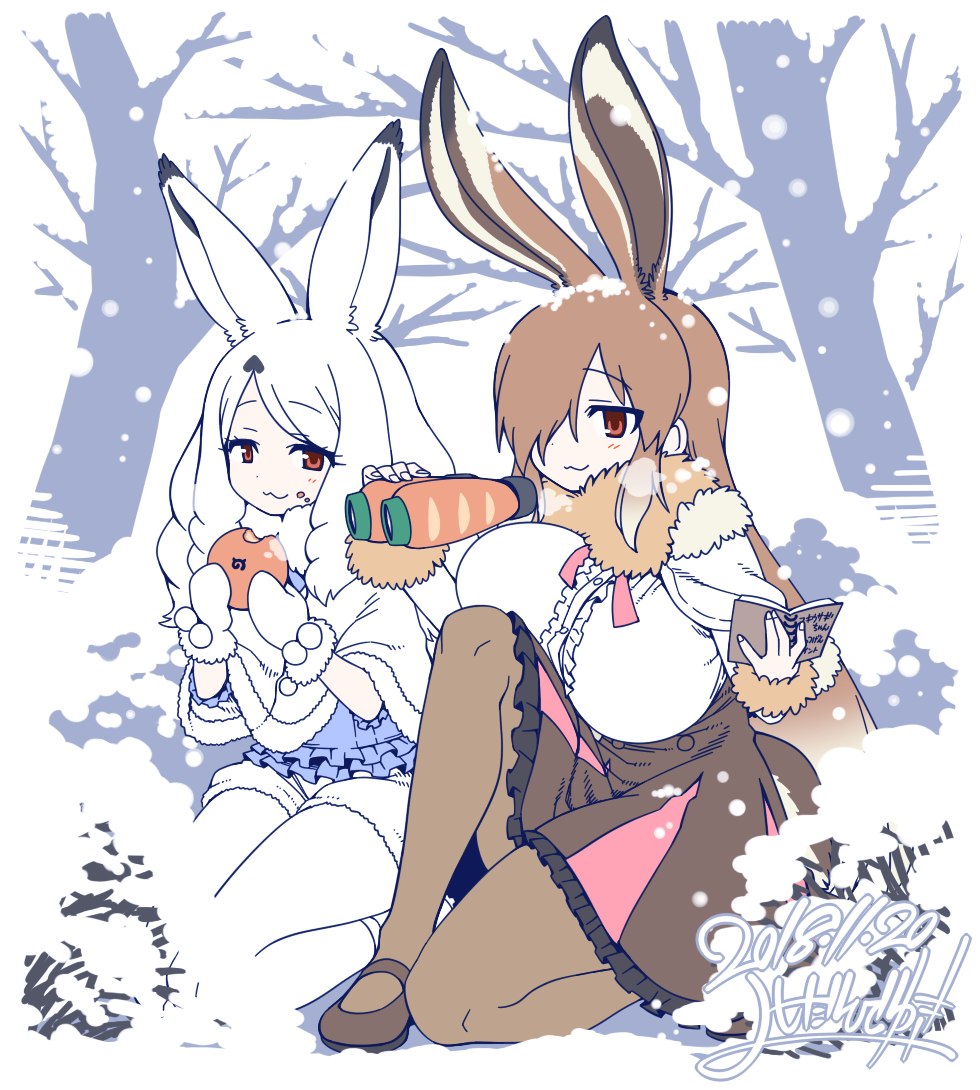 2girls animal_ears arctic_hare_(kemono_friends) binoculars book breasts brown_footwear brown_hair brown_legwear brown_skirt bunny_tail capelet center_frills commentary_request day eating european_hare_(kemono_friends) eyebrows_visible_through_hair food food_on_face fur_collar fur_trim gradient_hair hair_over_one_eye high-waist_skirt japari_bun kemono_friends kneeling large_breasts long_hair long_sleeves looking_at_viewer mittens multicolored_hair multiple_girls outdoors pantyhose rabbit_ears red_eyes seiza shirt sitting skirt smile snow tail tree very_long_hair white_hair white_legwear white_mittens white_shirt yoshida_hideyuki