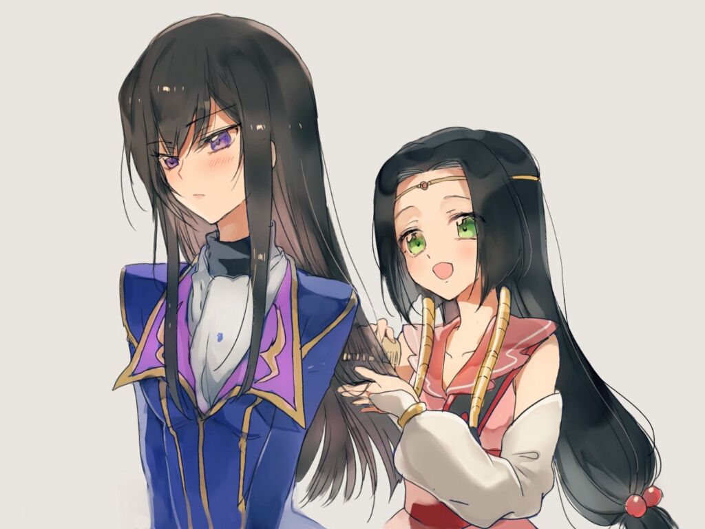 2girls black_hair blush breasts brushing_another's_hair circlet code_geass detached_sleeves flat_chest genderswap genderswap_(mtf) green_eyes hair_bobbles hair_ornament hair_tubes lelouch_lamperouge long_hair multiple_girls open_mouth small_breasts smile sumeragi_kaguya sumi_otto very_long_hair violet_eyes