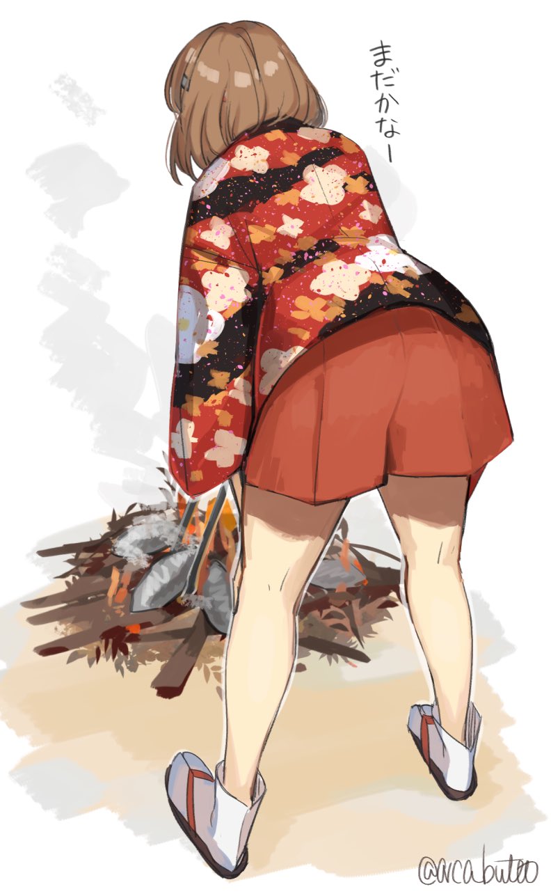 1girl brown_hair campfire chiyoda_(kantai_collection) coat commentary_request floral_print food from_behind highres kantai_collection leaning_forward overcoat red_skirt roasting sandals short_hair simple_background skirt solo standing sweet_potato tabi twitter_username white_background white_legwear yamashiki_(orca_buteo)