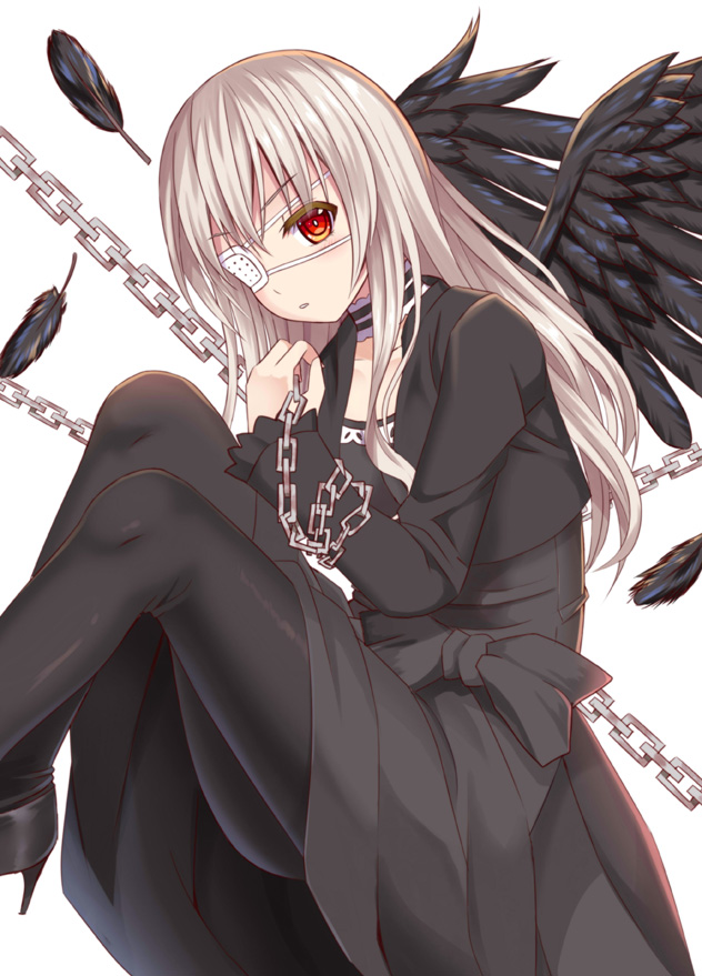 1girl black_dress black_feathers black_jacket black_legwear black_wings chains commentary_request cropped_jacket dress eyepatch feathered_wings feathers hand_up head_tilt higyaku_no_noel jacket light_brown_hair long_hair long_sleeves looking_at_viewer medical_eyepatch noel_cerquetti open_clothes open_jacket pantyhose parted_lips red_eyes simple_background sleeves_past_wrists solo tsukino_neru very_long_hair white_background wings