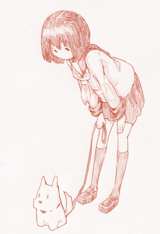 1girl commentary_request dog full_body holding_leash kneehighs leaning_forward leash loafers long_sleeves neckerchief pet school_uniform sepia serafuku shoes short_hair skirt solo tonmoh