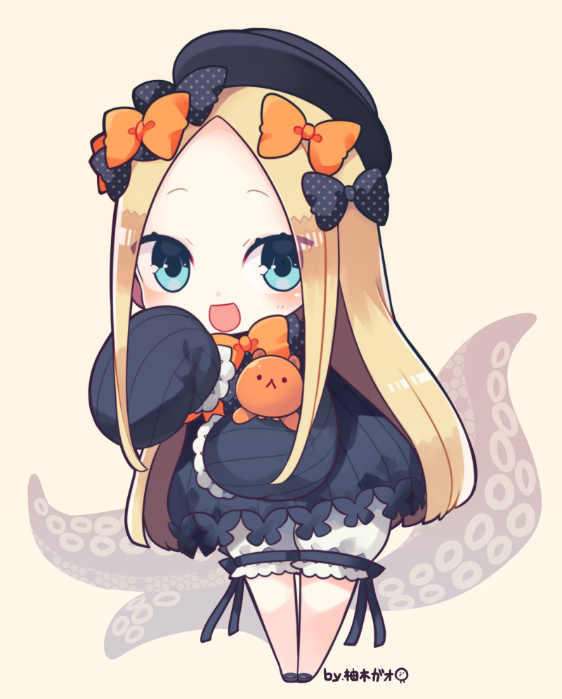 1girl :d abigail_williams_(fate/grand_order) bangs black_bow black_dress black_footwear black_hat blonde_hair bloomers blue_eyes blush bow brown_background bug butterfly chibi commentary_request dress fate/grand_order fate_(series) forehead full_body hair_bow hat insect leaning_forward long_hair long_sleeves looking_at_viewer object_hug open_mouth orange_bow parted_bangs polka_dot polka_dot_bow shoes sleeves_past_fingers sleeves_past_wrists smile solo standing stuffed_animal stuffed_toy suction_cups teddy_bear tentacle underwear very_long_hair white_bloomers yuzuki_gao