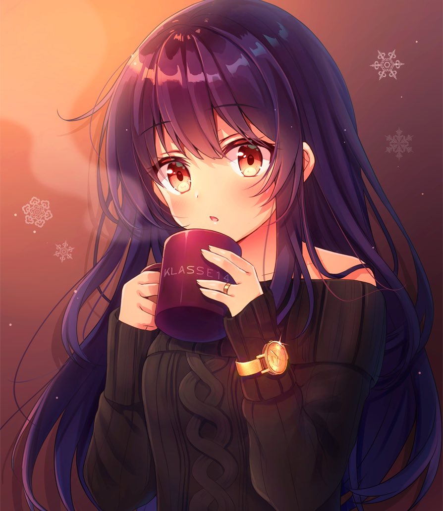1girl black_sweater blue_hair brown_background brown_eyes copyright_name cup eyebrows_visible_through_hair floating_hair gradient gradient_background holding holding_cup jewelry klasse14 long_hair off-shoulder_sweater open_mouth ring serino_itsuki snowflakes solo steam sweater teacup upper_body very_long_hair watch watch