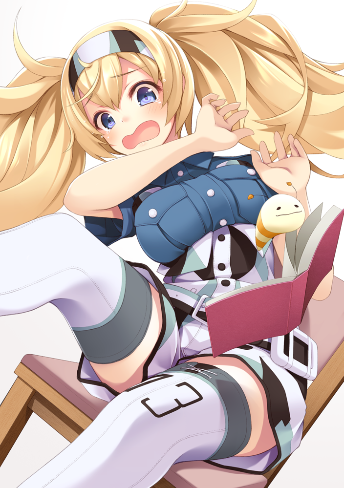 1girl belt blonde_hair blue_eyes blue_shirt blush breast_pocket breasts collared_shirt encyclopedia_caterpillar eyebrows_visible_through_hair gambier_bay_(kantai_collection) hair_between_eyes hairband kantai_collection large_breasts mofu_namako multicolored multicolored_clothes open_mouth pocket shirt shorts sitting thigh-highs twintails white_legwear