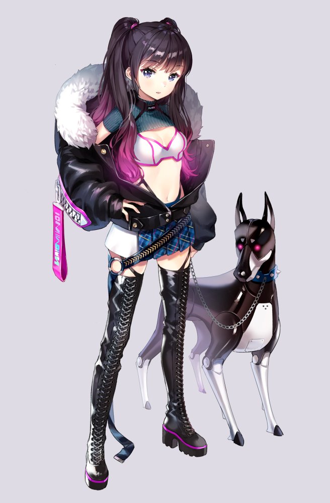 1girl ancotaku astro_and_girls black_footwear black_hair black_panties blue_eyes boots breasts chains cleavage dog eyebrows_visible_through_hair full_body fur_trim gradient_hair grey_background hair_ornament highleg highleg_panties long_hair looking_at_viewer midriff miniskirt multicolored_hair navel panties parted_lips pleated_skirt purple_hair shiny shiny_hair simple_background skirt small_breasts solo standing stomach thigh-highs thigh_boots twintails two-tone_hair underwear