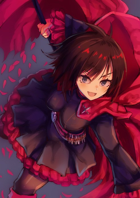 1girl :d black_legwear black_shirt black_skirt blue_eyes blush breasts brown_hair grey_background hair_between_eyes holding holding_weapon layered_skirt long_sleeves looking_at_viewer medium_breasts open_mouth pantyhose ruby_rose rwby shirt short_hair simple_background skirt smile solo weapon yude