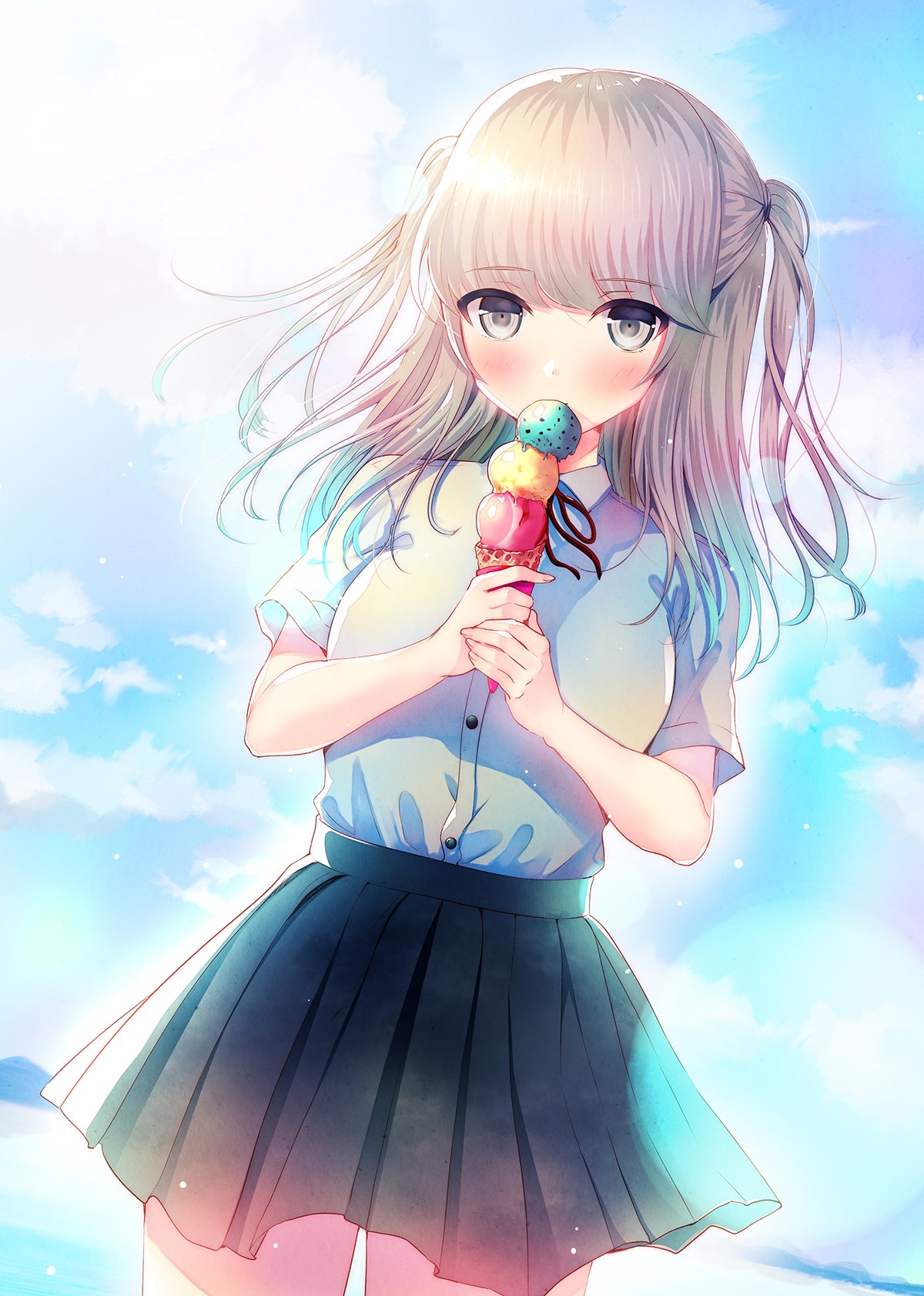 1girl bangs bloom character_request collared_shirt commentary_request day dress_shirt grey_eyes high-waist_skirt highres holding ice_cream_cone long_hair looking_at_viewer minamihama_yoriko niko_(brand) official_art outdoors pleated_skirt school_uniform shirt shirt_tug short_sleeves skirt solo swallowtail white_shirt wing_collar