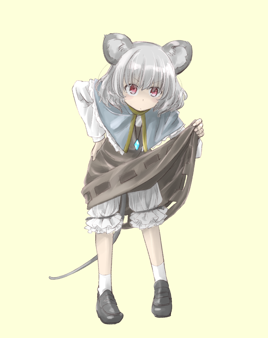 1girl animal_ears bangs black_footwear bloomers blue_capelet brown_dress capelet commentary_request dress dress_lift eyebrows_visible_through_hair grey_hair hair_between_eyes jewelry leaning_forward lifted_by_self loafers long_sleeves mouse_ears mouse_girl mouse_tail nazrin nibi pendant red_eyes shirt shoes socks solo standing tail touhou underwear v-shaped_eyebrows white_bloomers white_legwear white_shirt