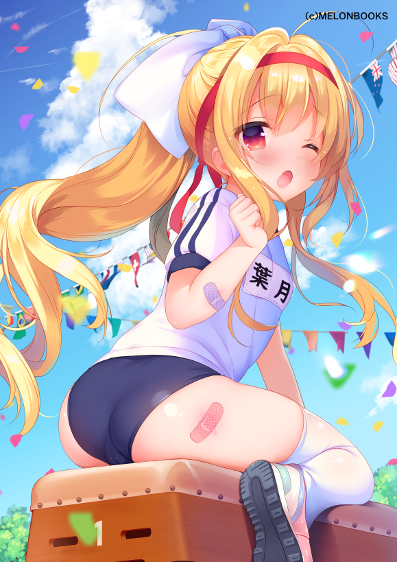 1girl ;o american_flag ass bandaid_on_arm bandaid_on_leg bangs blonde_hair blue_bow blue_buruma blue_sky blurry blurry_foreground blush bow brazilian_flag buruma clenched_hand clouds cloudy_sky commentary_request day depth_of_field eyebrows_visible_through_hair flags_of_all_nations gym_shirt gym_uniform hair_between_eyes hair_bow hairband hand_up long_hair looking_at_viewer looking_back melonbooks name_tag one_eye_closed open_mouth original outdoors petals piyodera_mucha ponytail puffy_short_sleeves puffy_sleeves red_eyes red_hairband shirt shoe_soles shoes short_sleeves sidelocks sky solo string_of_flags swiss_flag tears thigh-highs vaulting_horse very_long_hair white_footwear white_legwear white_shirt