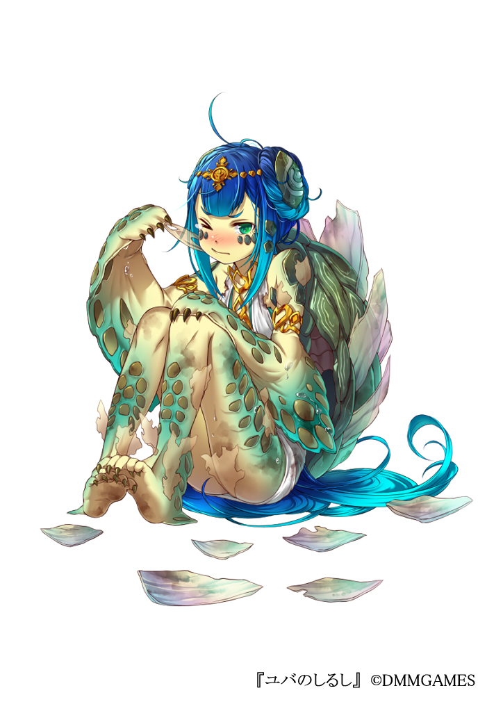 1girl armlet barefoot blue_hair blush claws dmm full_body green_eyes hand_on_knees knees_up long_hair looking_at_viewer mataichi_mataro monster_girl official_art scales shedding shell simple_background sitting very_long_hair white_background yuba_no_shirushi