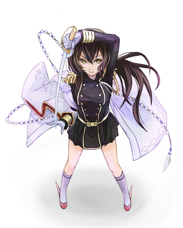 1girl artist_request azur_lane bangs black_hair breasts brown_hair epaulettes gloves hair_between_eyes horns long_hair long_sleeves looking_at_viewer mikasa_(azur_lane) military military_uniform saber_(weapon) skirt solo sword uniform weapon white_gloves