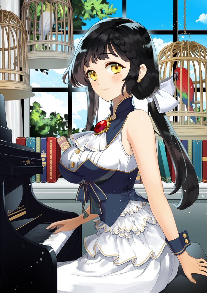 1girl bird birdcage black_hair blue_sky blush book breasts brooch cage cockatiel day dress instrument jewelry long_hair looking_at_viewer medium_breasts official_art parrot piano piano_bench pin1004 sid_story sitting sky smile solo white_dress white_neckwear window wrist_cuffs yellow_eyes