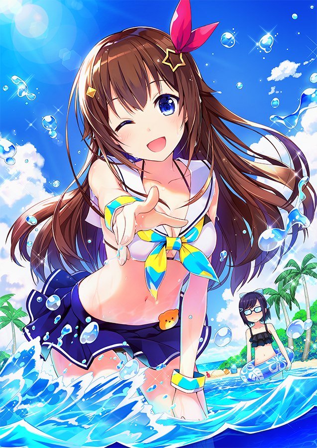 2girls ;d amagai_tarou beach black_bikini_top blue_bow blue_eyes blue_skirt blue_sky bow breasts brown_hair cleavage collarbone day floating_hair hair_bow hair_ornament hair_ribbon head_tilt innertube lens_flare long_hair looking_at_viewer medium_breasts miniskirt multiple_girls navel one_eye_closed open_mouth outdoors outstretched_arms palm_tree red_ribbon ribbon sailor_bikini sailor_collar skirt sky smile solo_focus standing star star_hair_ornament sunlight tokino_sora tokino_sora_channel tree very_long_hair virtual_youtuber wading white_bikini_top white_sailor_collar wrist_cuffs