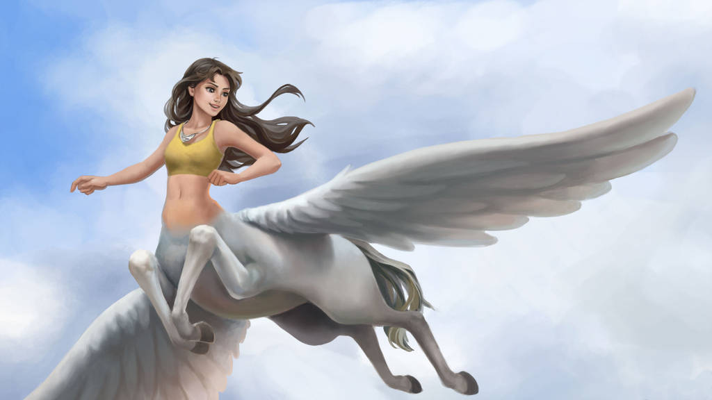 1girl blue_eyes brown_hair centaur clouds cloudy_sky commission commissioner_upload crop_top demisir flying from_below jewelry necklace original pegasus sky smile solo wallpaper white_fur white_wings wings