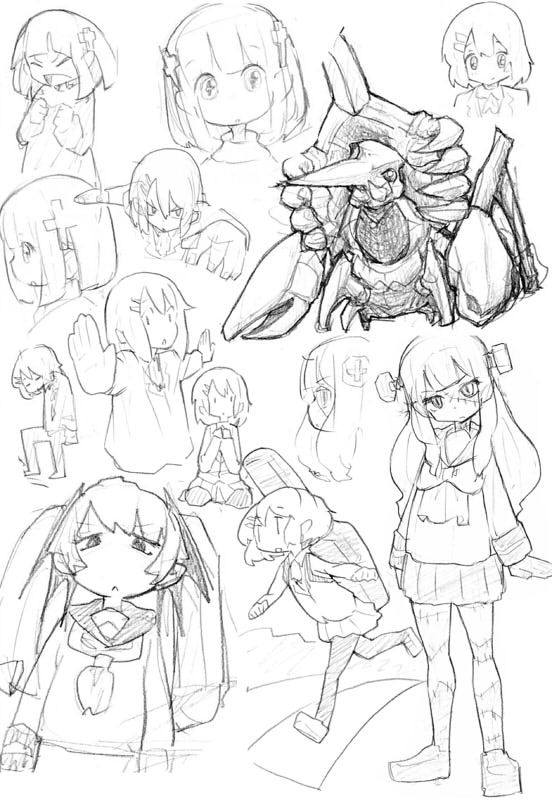1girl backpack bag closed_eyes closed_mouth commentary_request cross_hair_ornament full_body hair_ornament hairclip long_hair long_sleeves looking_at_viewer open_mouth original outstretched_arms pantyhose pleated_skirt sailor_collar school_uniform serafuku shoes short_hair sketch skirt spread_arms stitched_face stitches stittched_leg tonmoh