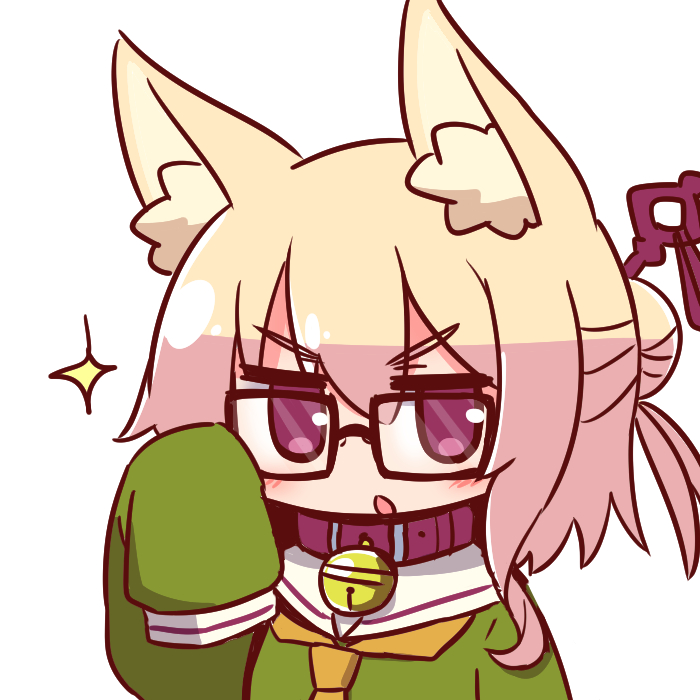 1girl adjusting_eyewear animal_ear_fluff animal_ears bangs bell bell_collar bespectacled black-framed_eyewear blonde_hair blush brown_collar collar eyebrows_visible_through_hair fox_ears glasses green_shirt hair_between_eyes hair_bun hair_ornament hand_up jingle_bell kemomimi-chan_(naga_u) long_sleeves naga_u orange_neckwear original parted_lips red_eyes sailor_collar shirt sidelocks simple_background sleeves_past_fingers sleeves_past_wrists solo sparkle upper_body v-shaped_eyebrows white_background white_sailor_collar