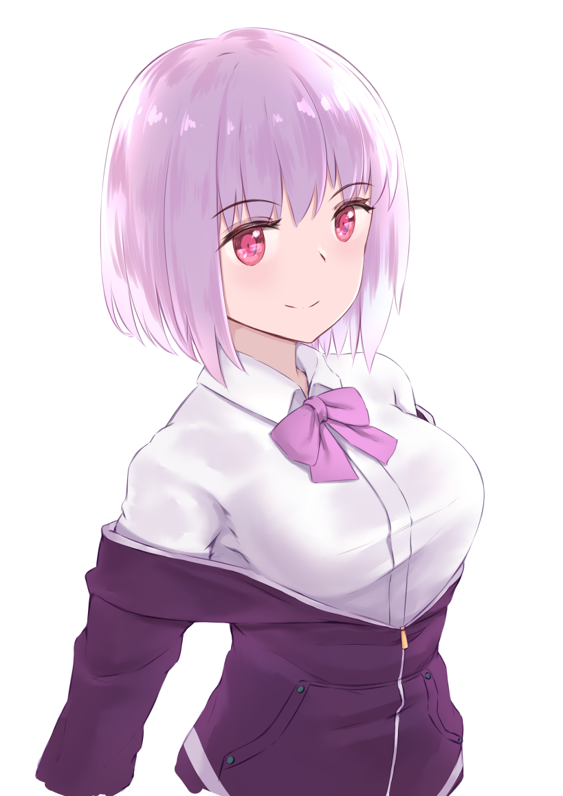 1girl bangs blush bow breasts closed_mouth collared_shirt commentary_request eyebrows_visible_through_hair hair_between_eyes jacket jilu looking_away off_shoulder pink_hair purple_bow purple_jacket red_eyes shinjou_akane shirt short_hair simple_background small_breasts smile solo ssss.gridman upper_body white_background white_shirt