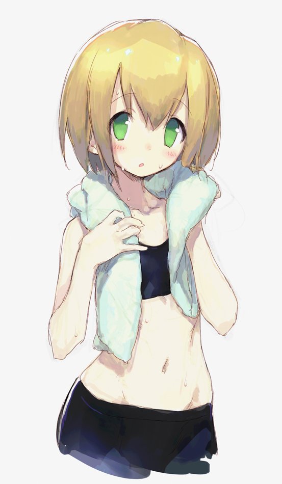 1girl alternate_hair_length alternate_hairstyle bangs bare_arms blonde_hair blush commentary_request cowboy_shot cropped_legs flat_chest green_eyes hair_between_eyes jiyu2 looking_at_viewer midriff navel rockman rockman_dash roll_caskett short_hair simple_background solo towel towel_around_neck wet